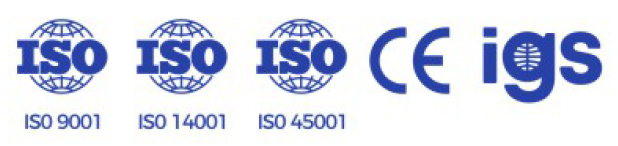 ISO 9001, ISO 14001, ISO 45001, CE, and IGS certification logos